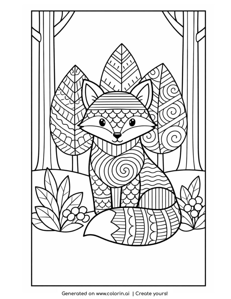 fox sitting in forest with trees coloring page with patterned body and plants