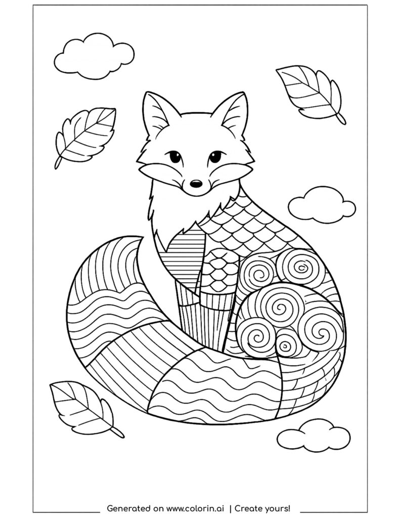 fox sitting with patterned tail coloring page with geometric shapes and leaves