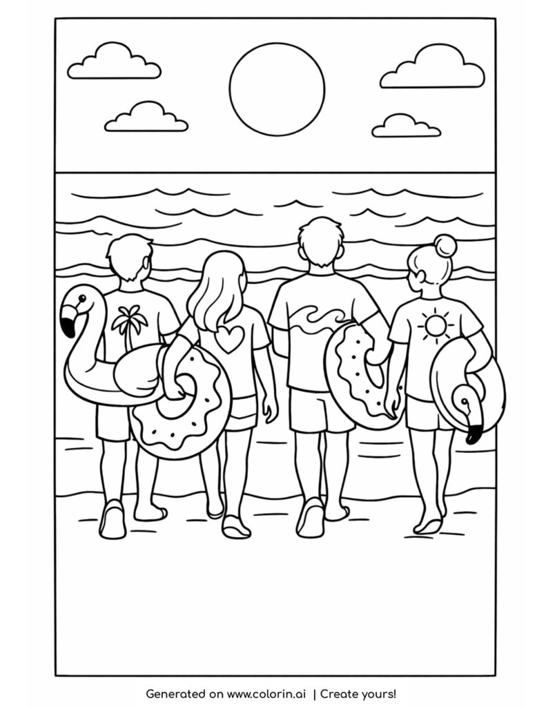 friends walking to the ocean coloring page with group at beach scene