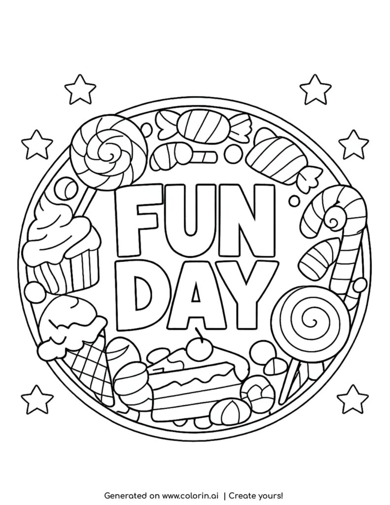 fun day with candies circle coloring page with sweets and stars in a round frame coloring page