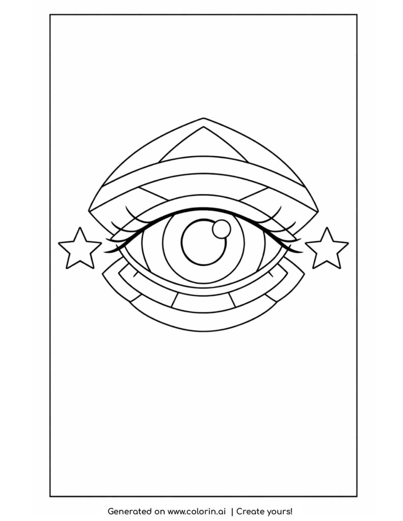 geometric eye with stars coloring page with eyelashes and shapes