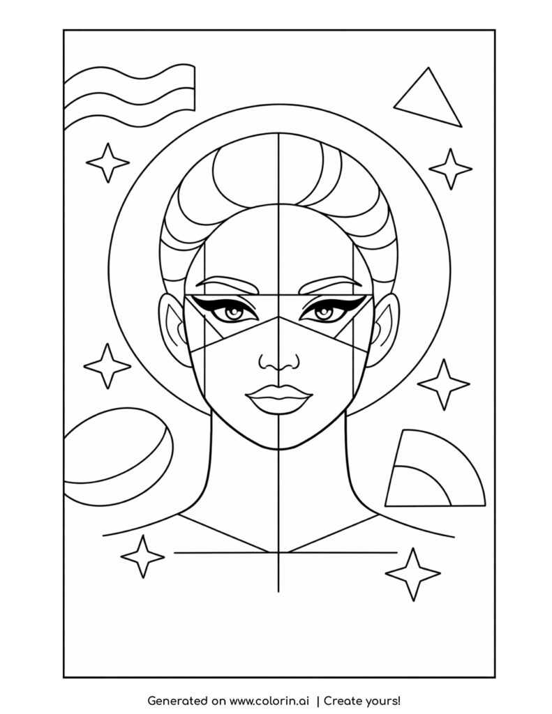 geometric makeup face with stars coloring page with abstract shapes and bold lines