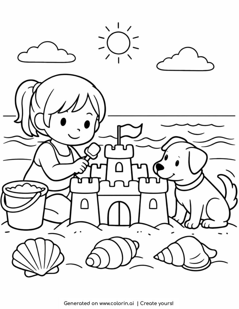 girl building sandcastle with dog coloring page on beach with shells