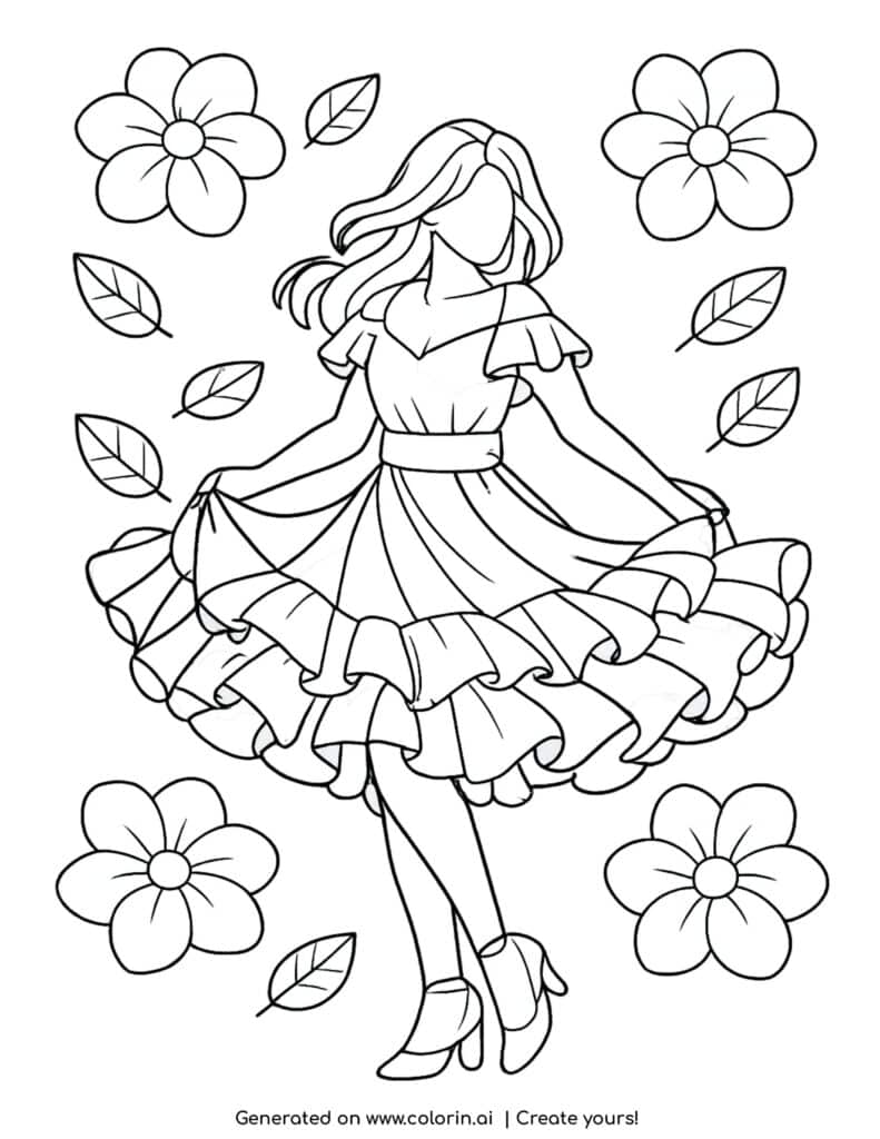 girl in flowing dress twirling with flowers and leaves coloring page