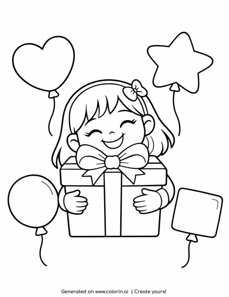 girl hugging gift with balloons coloring page with heart and star balloons
