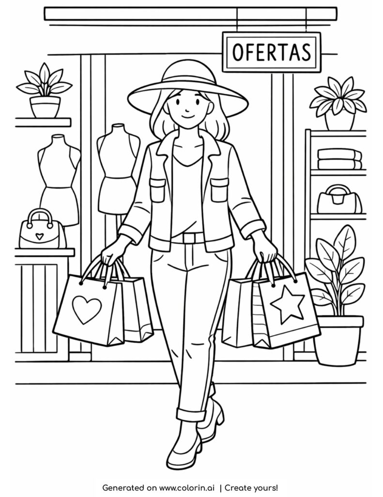 girl shopping with bags outside boutique store coloring page with outfits and plants