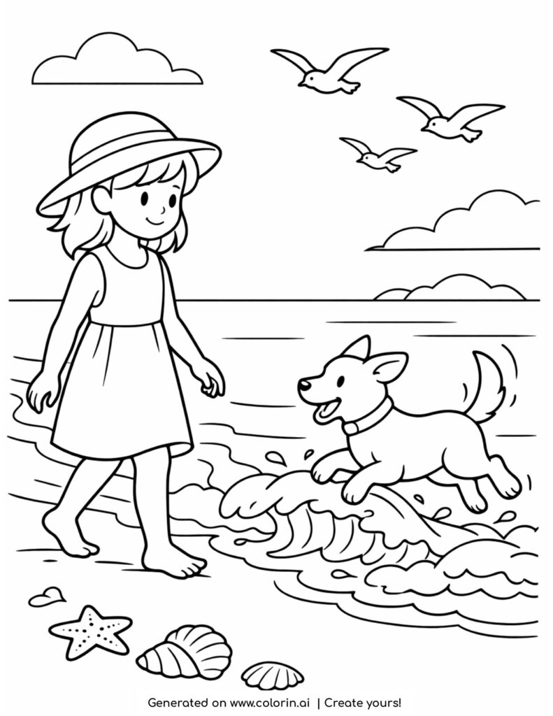 girl walking dog in ocean waves coloring page with playful puppy and seashells coloring page