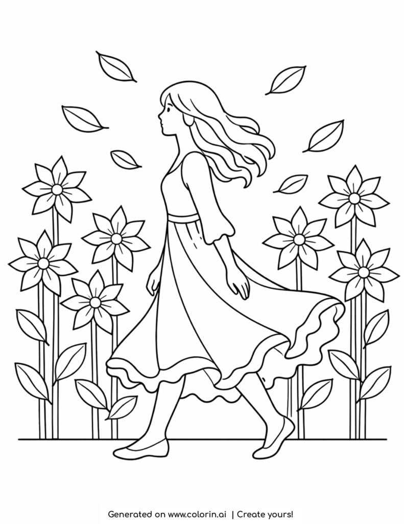 girl walking in dress surrounded by flowers and leaves coloring page