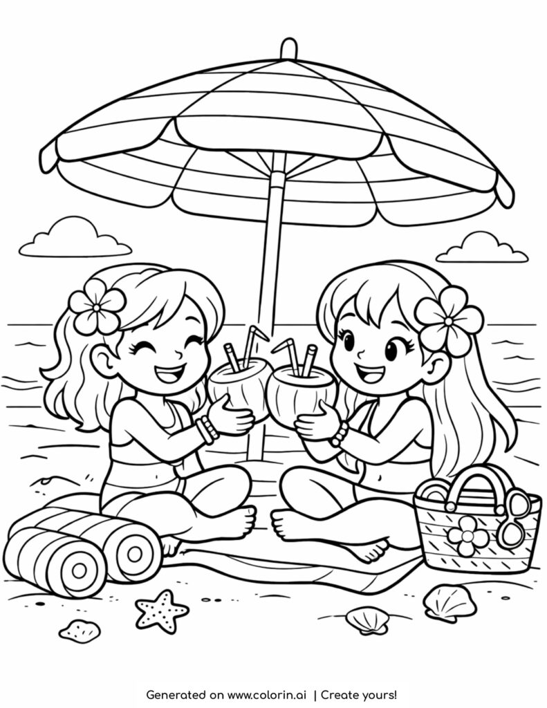 girls drinking coconuts under umbrella coloring page with beach scene and friends