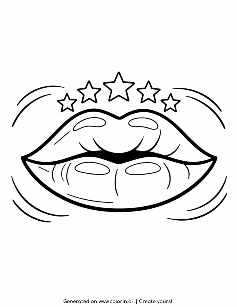 glossy lips with stars above coloring page with shine details and curved lines