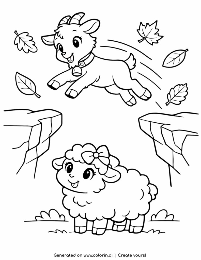 goat jumping between rocks coloring page with sheep below and falling leaves