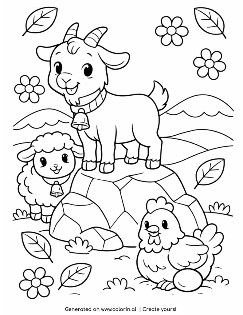 goat standing on rock with farm animals cute countryside scene coloring page