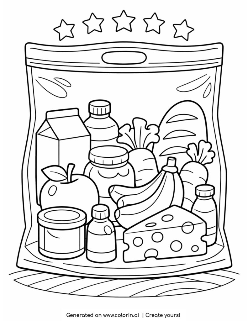 grocery bag with food items coloring page with fruits vegetables and bottles