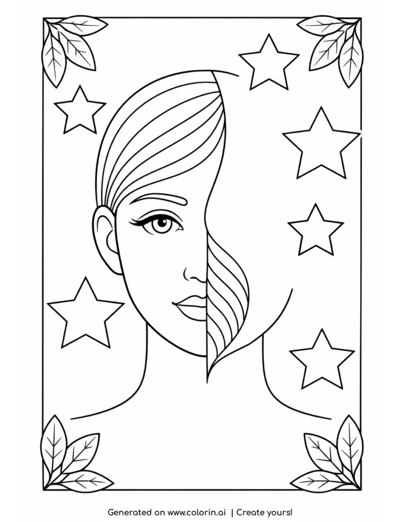 half woman face with stars coloring page with leaves and decorative frame
