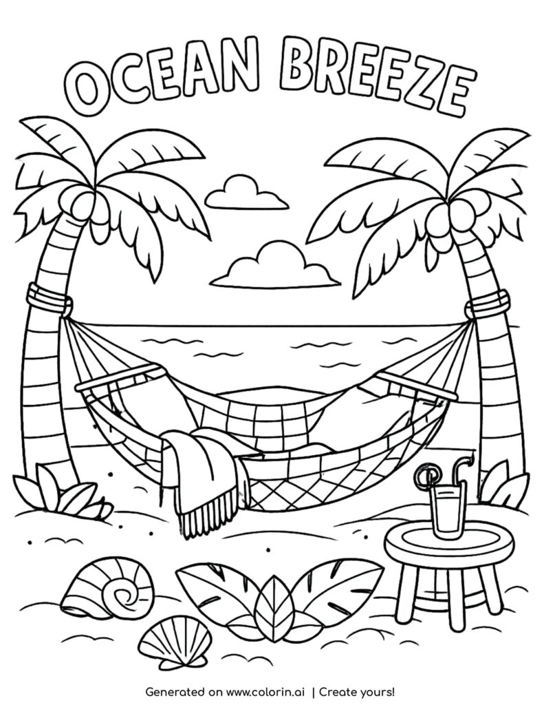hammock between palm trees ocean breeze coloring page with table and drink