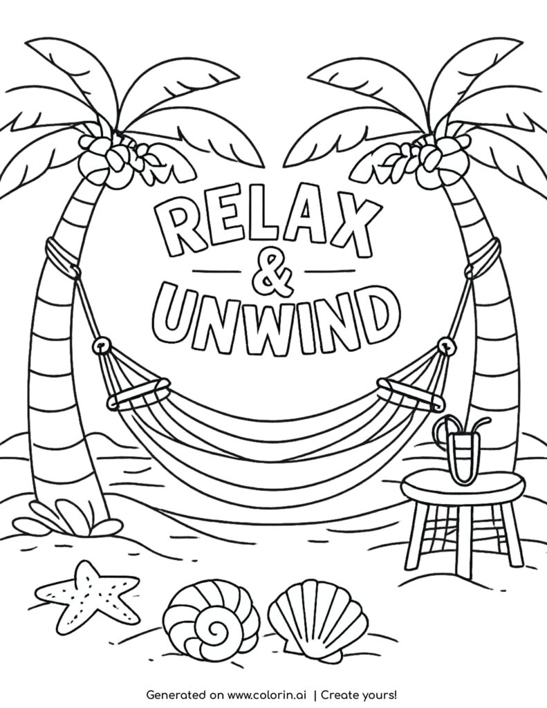 hammock between palm trees relax unwind coloring page with shells and beach scene