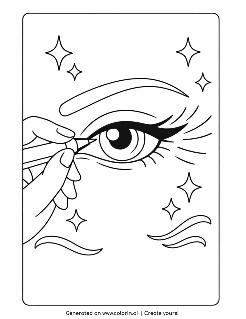 hand applying eyeliner on eye coloring page with stars and flowing lines