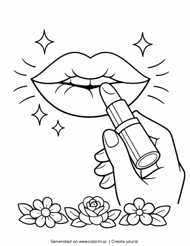 hand applying lipstick on lips coloring page with flowers and sparkles