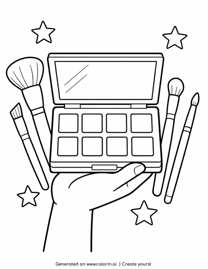 hand holding makeup palette with brushes coloring page with stars and beauty tools