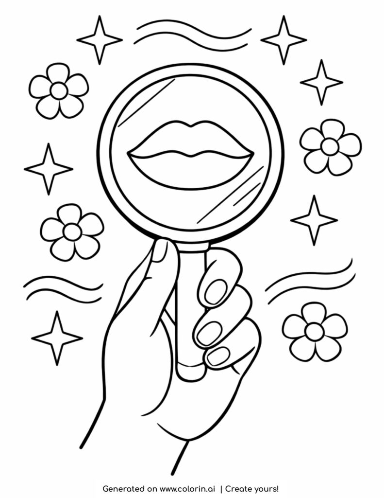 hand holding mirror with lips reflection coloring page with flowers and sparkles