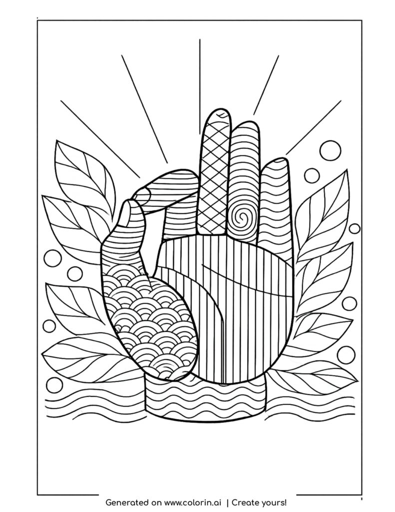 hand with flowing leaves patterns zen style illustration coloring page