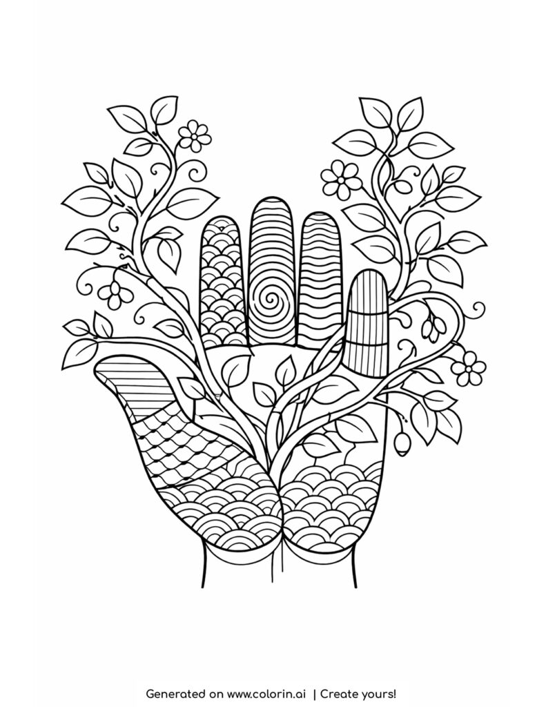 hand with growing vines and leaves organic floral patterns coloring page