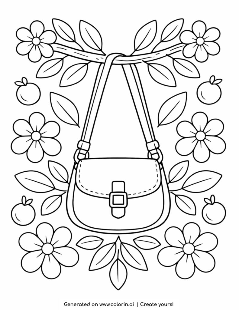 handbag hanging on branch with flowers leaves and fruits coloring page
