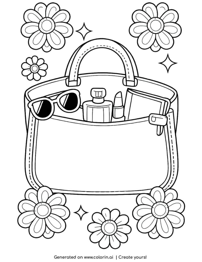 handbag with accessories and flowers coloring page with sunglasses perfume and floral details