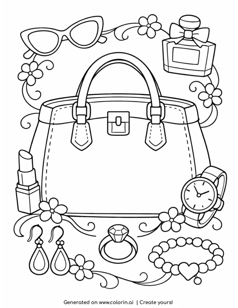 handbag with sunglasses perfume jewelry and accessories coloring page