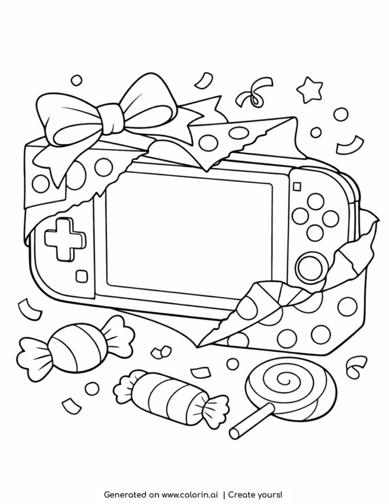 handheld game console with candies coloring page with gift wrap and confetti