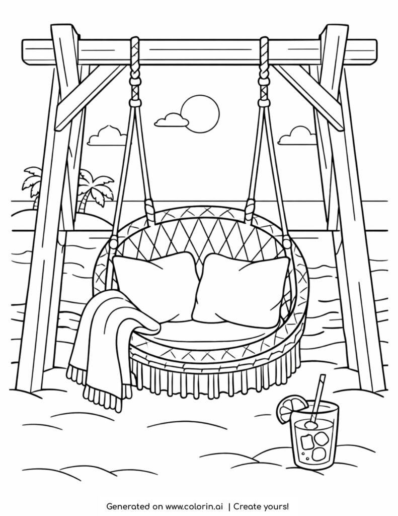 hanging beach chair on wooden frame coloring page with cushions drink and ocean