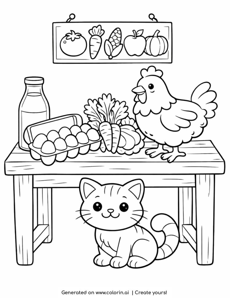 hen on table with farm produce coloring page with eggs milk and vegetables