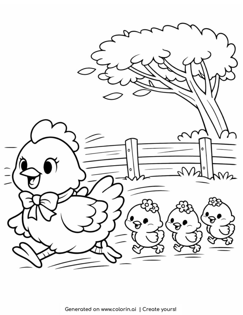 hen running with chicks on farm coloring page with fence and tree