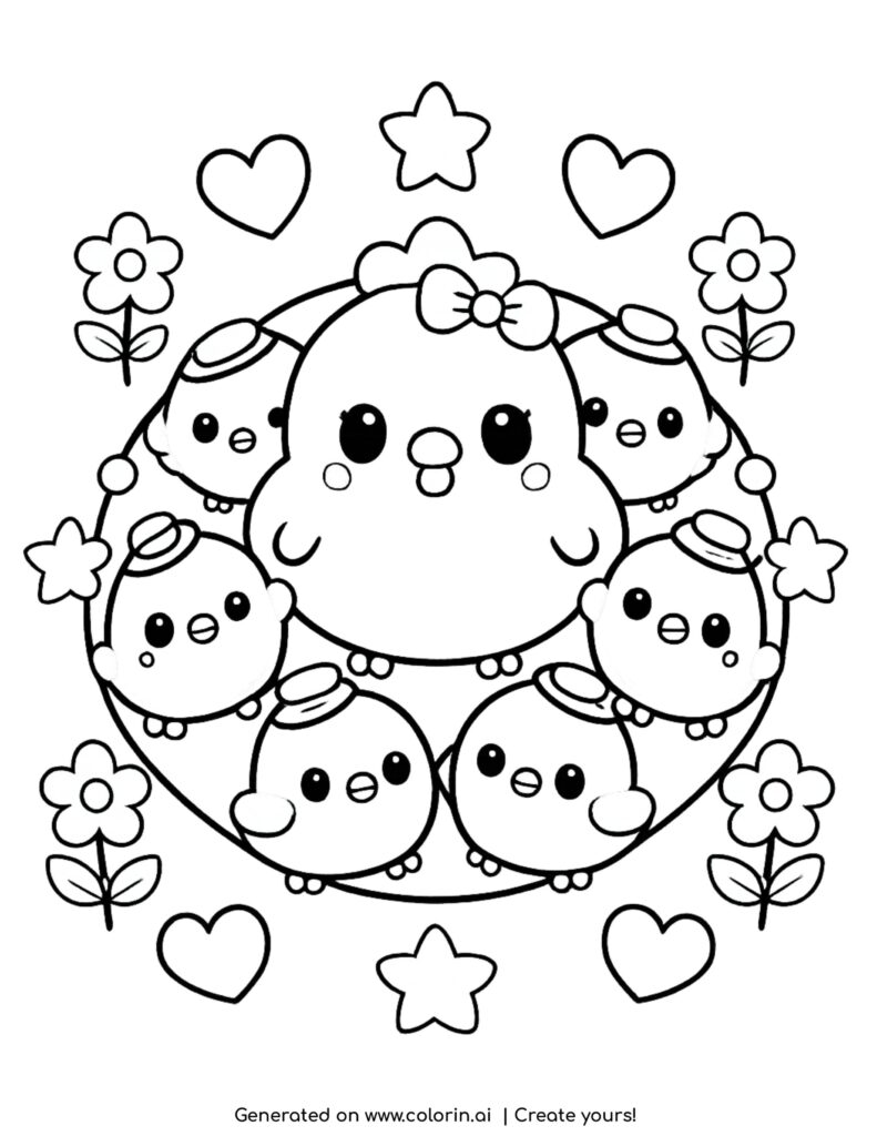 hen with chicks in circle coloring page with hearts stars and flowers