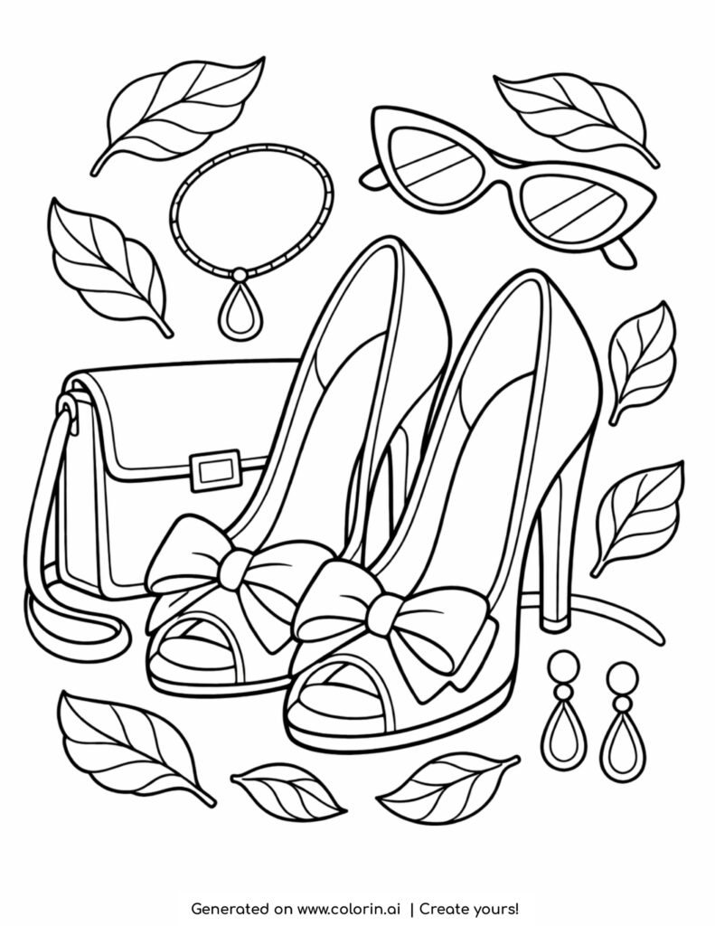 high heels with accessories and leaves coloring page with handbag sunglasses and jewelry
