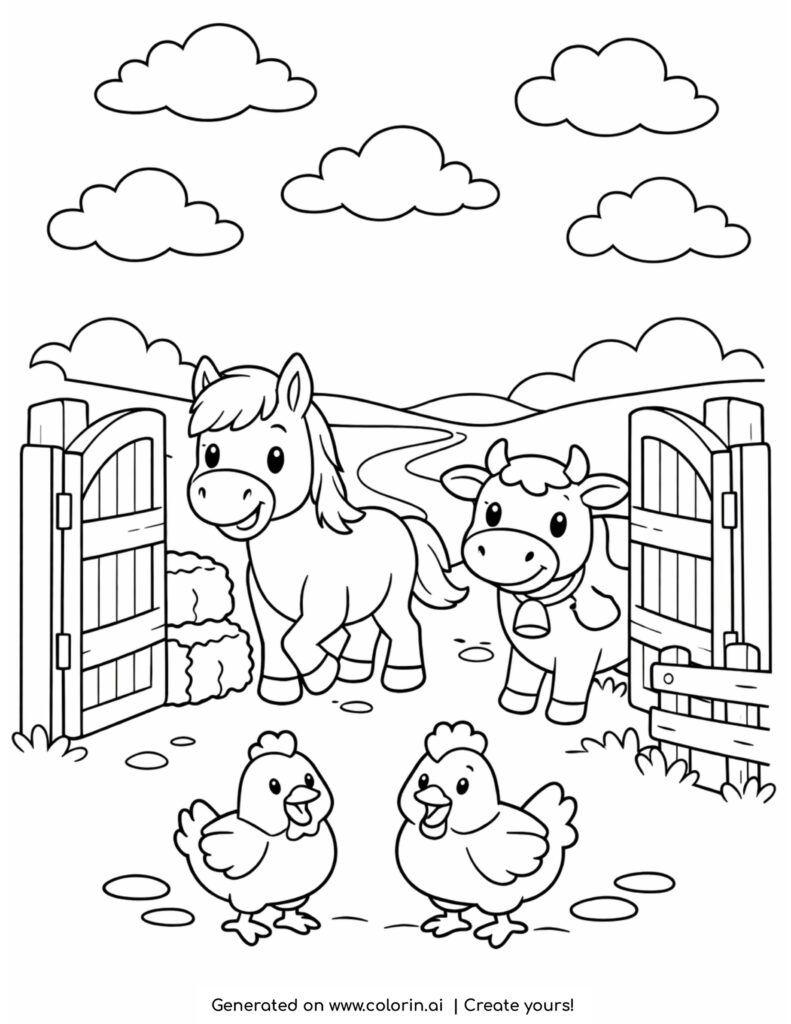 horse and cow entering farm gate with chickens cute farm scene coloring page