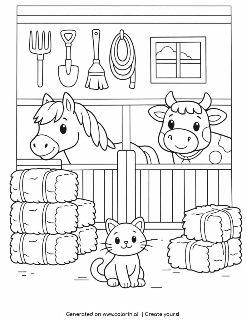 horse and cow in barn with cat cozy farm interior coloring page