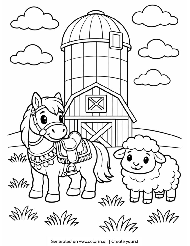 horse and sheep by barn silo coloring page with grass and clouds