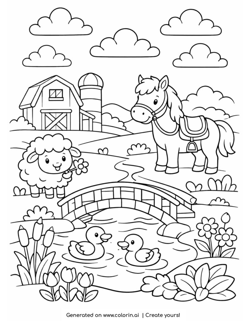 horse and sheep by river bridge coloring page with ducks and farm