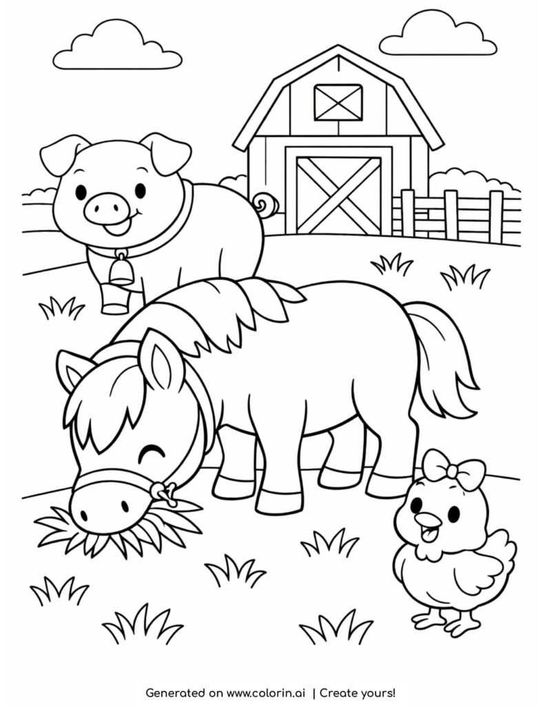 horse eating grass with pig and chicken cute farm scene coloring page