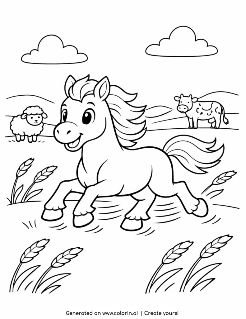 horse running in open field coloring page with cow and sheep in background