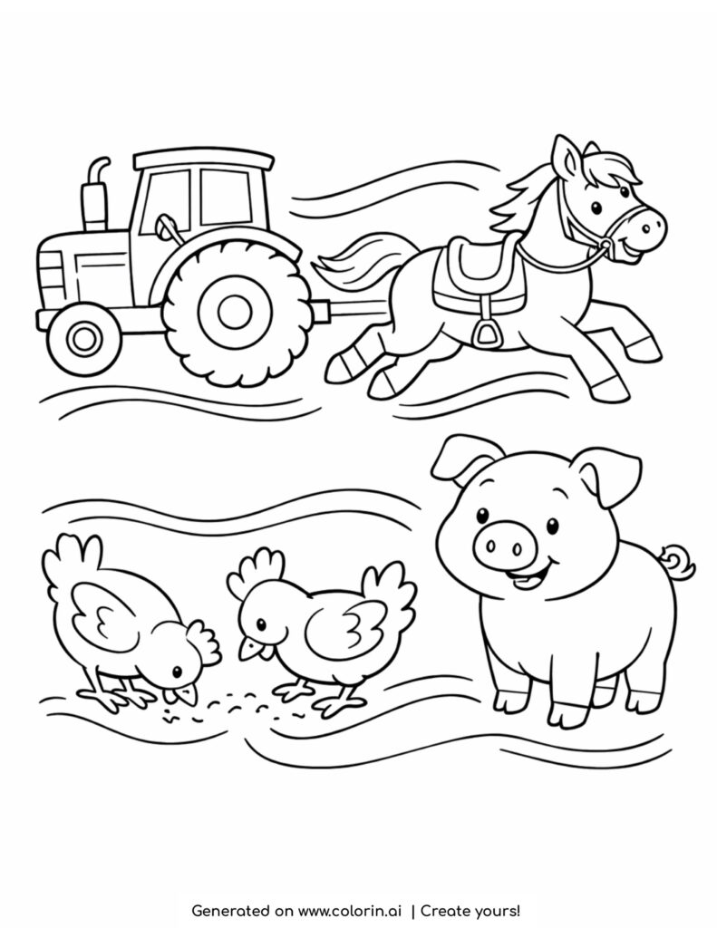 horse running near tractor coloring page with pig and chickens on farm