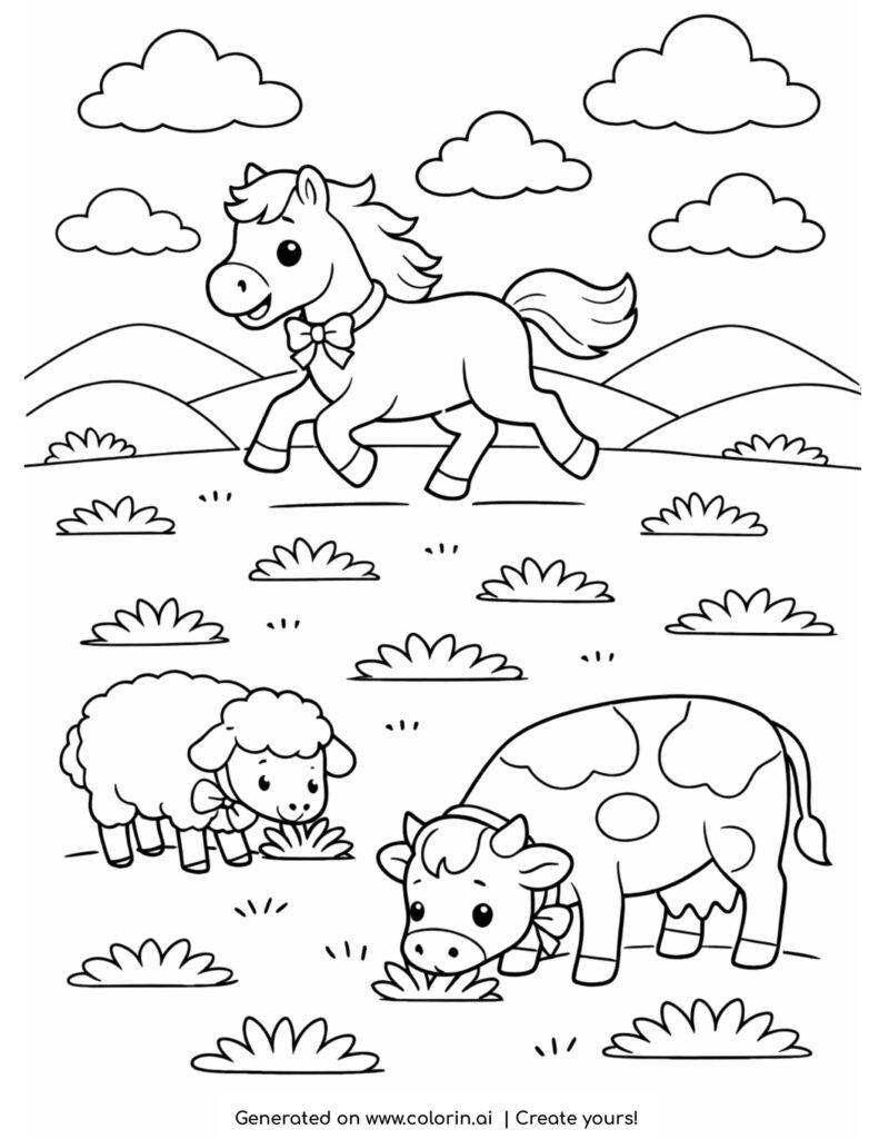 horse running with cow and sheep grazing cute farm scene coloring page