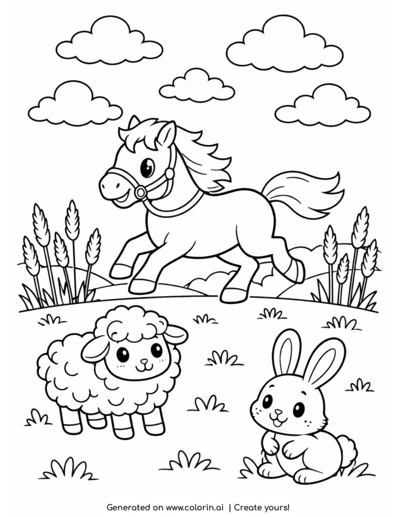 horse running with sheep and rabbit coloring page in grassy field with clouds