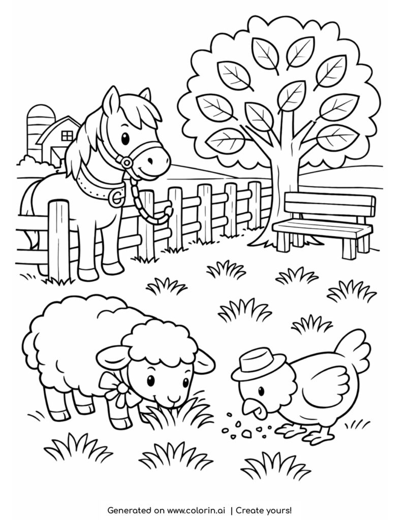 horse tied to fence with sheep and chicken farm scene coloring page