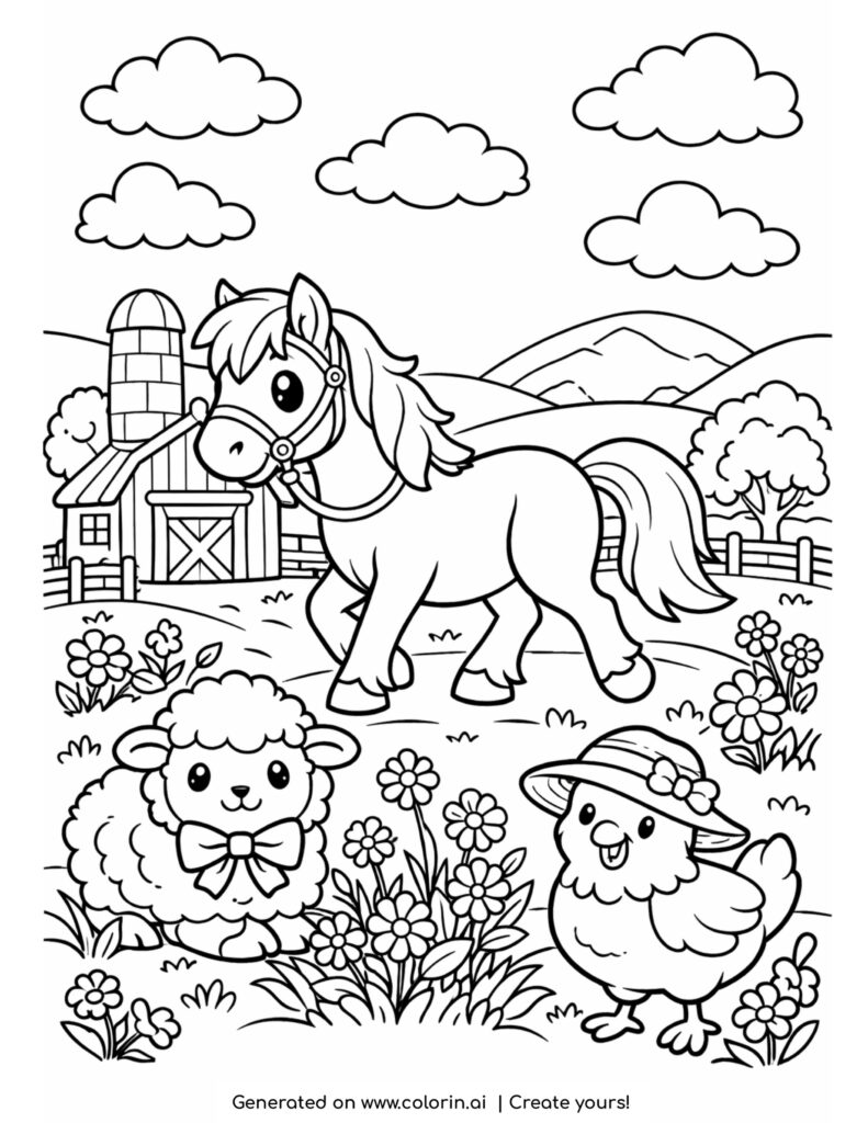 horse walking in flower farm coloring page with sheep and chicken in flowers