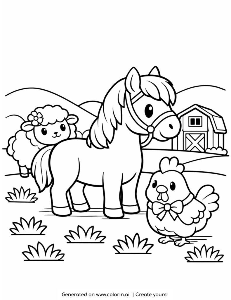 horse with chicken and sheep farm cute animals scene coloring page