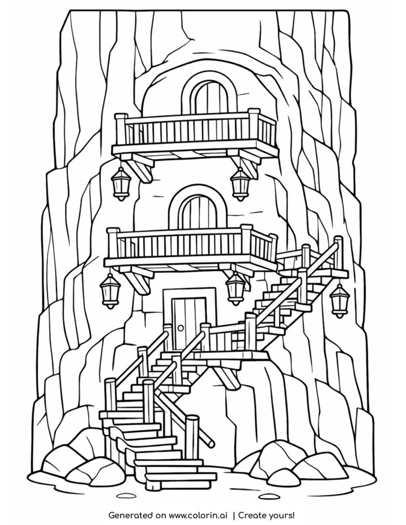 house carved into cliff with stairs coloring page with balconies and hanging lanterns