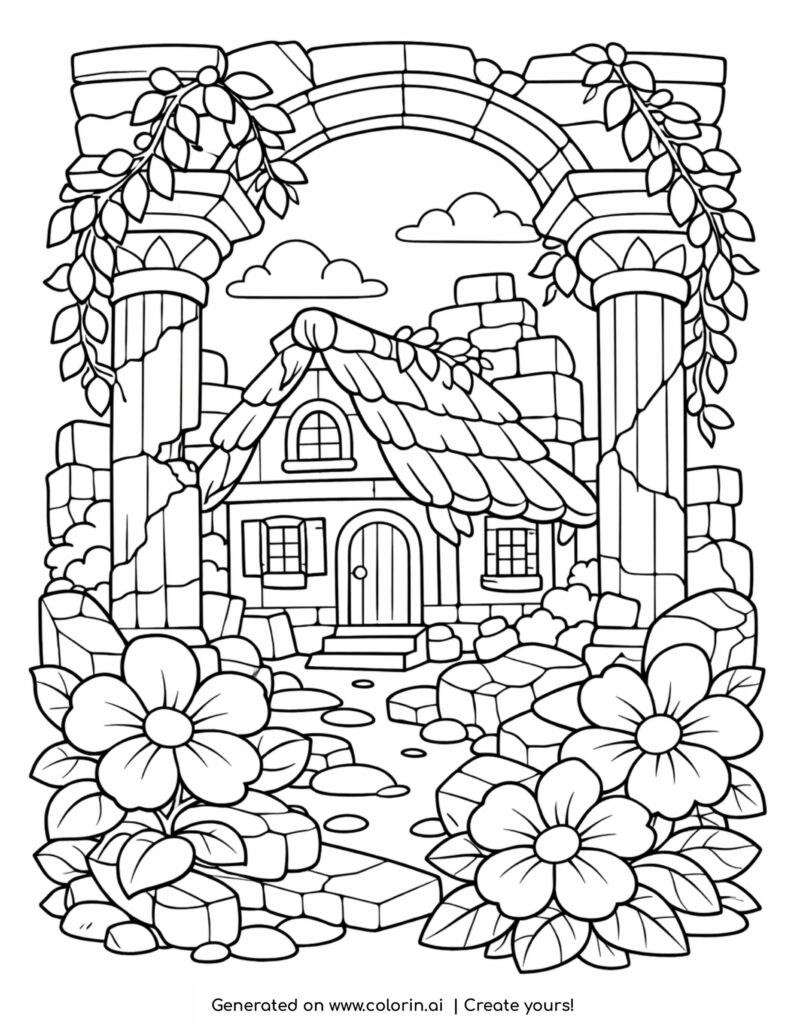 house in ancient ruins with flowers coloring page with vines columns and stone path