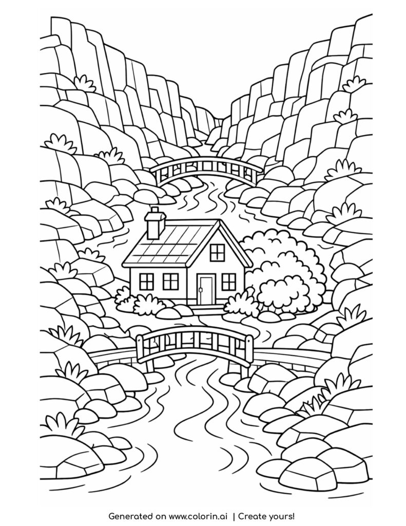 house in rocky canyon with river coloring page with bridges and rocks